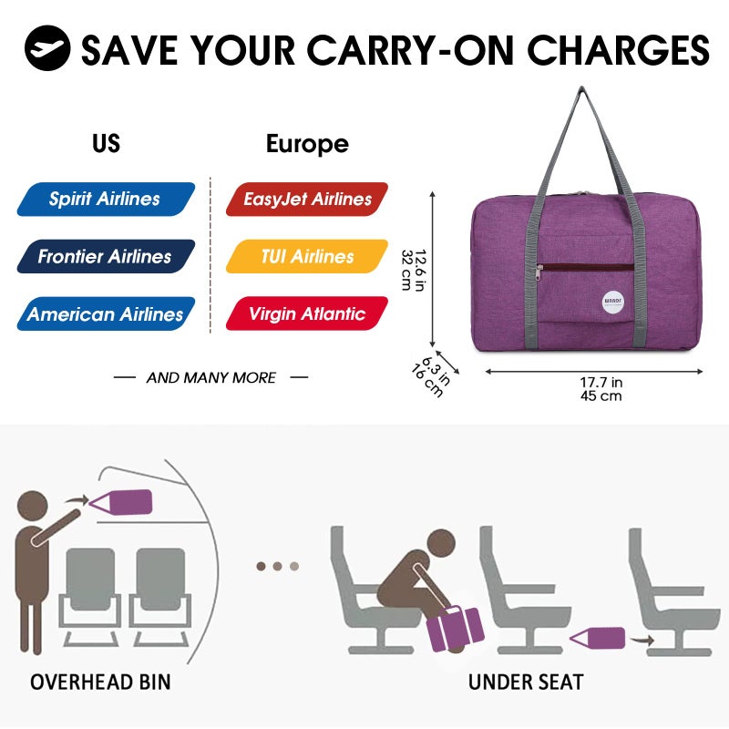 WANDF For Spirit Airlines Personal Item Bag 18x14x8 Travel Duffel Bag Underseat Foldable Carry-on Luggage for Women (B- Denim Purple) - Image 2